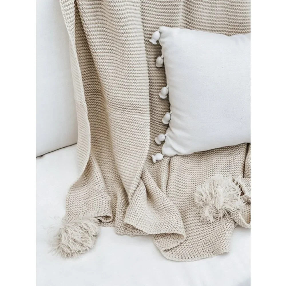 Cream Pom knit throw blanket